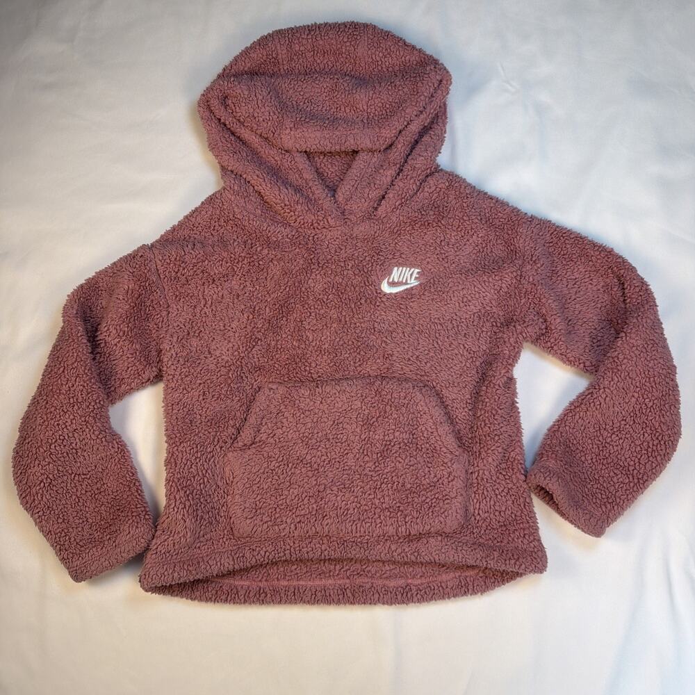 Nike Hoodie Girls 6X Pink Soft Plush Fleece Pullover Sweatshirt Logo Swoosh